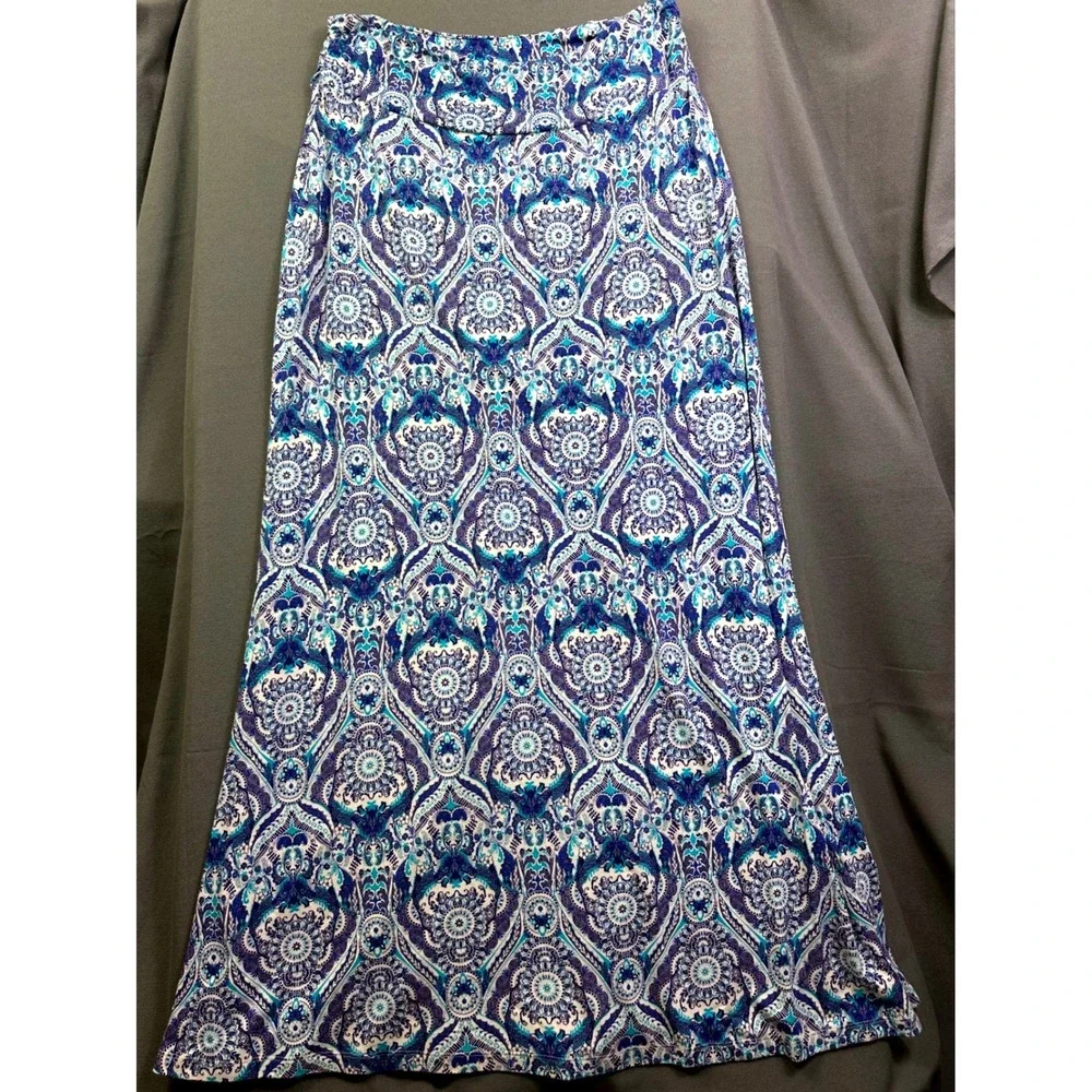 Artisan NY Blue White‎ Paisley Damask Maxi Skirt Elastic Waist Size Large